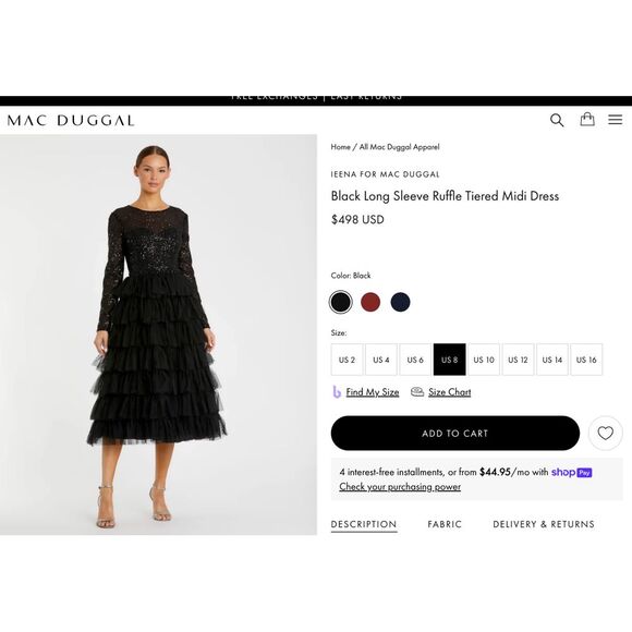 NWT‎ IEENA Mac Duggal [ 8 ] 26299 Long Sleeve Ruffle Tiered Midi Dress BLACK - Picture 3 of 10